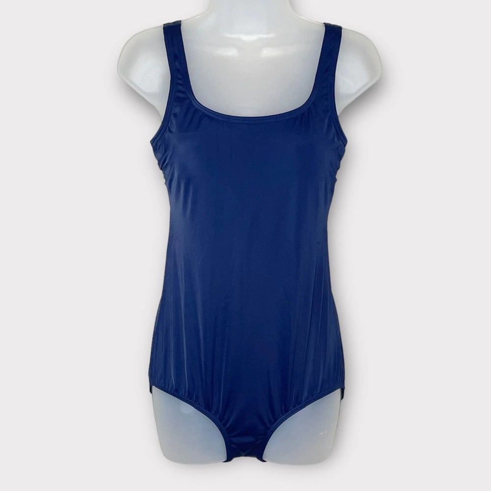 LANDS’ END navy blue modest cut tank one piece swimsuit size 10 LONG